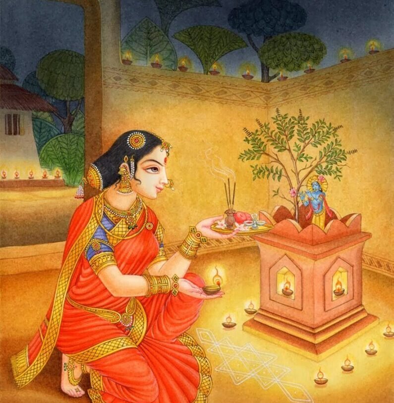 A woman is offering puja to Tulsi