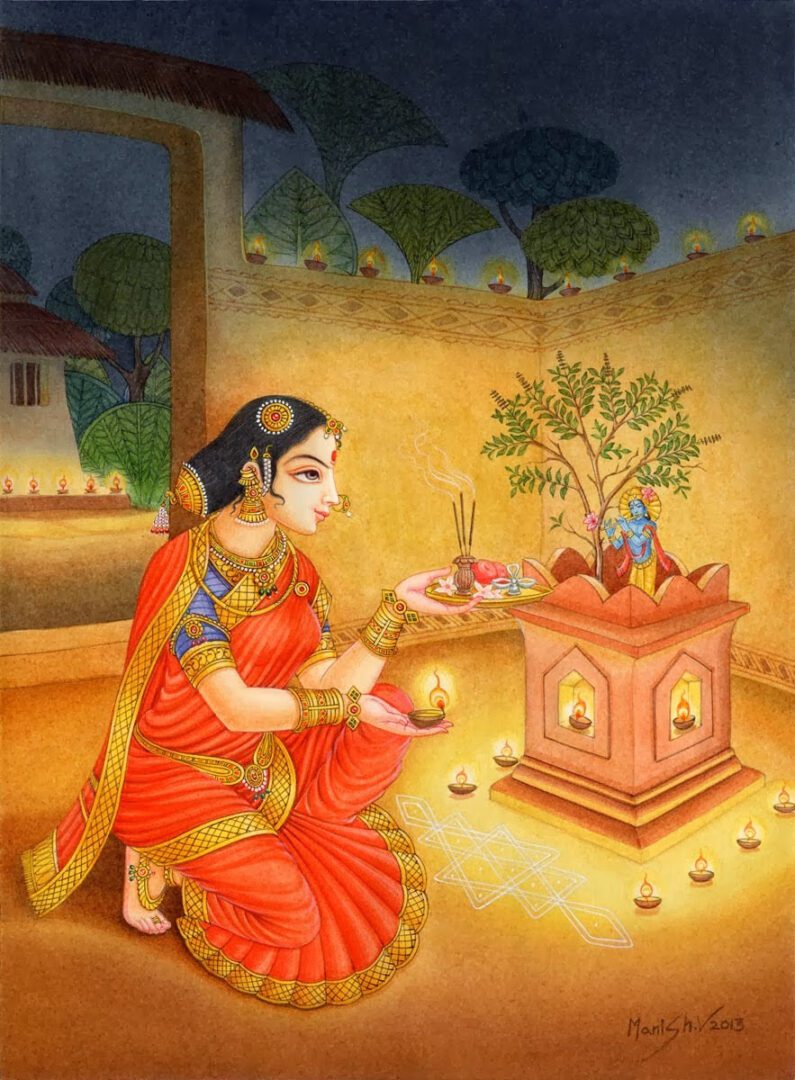 A woman is offering puja to Tulsi