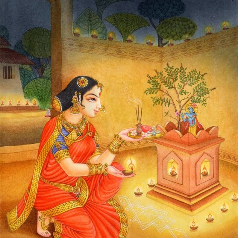 A woman is offering puja to Tulsi